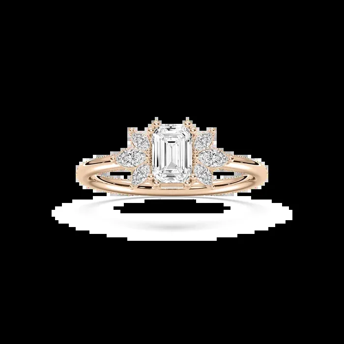 Fia 7/8 ctw Emerald Lab Grown Diamond Petite Flower Side Stone Engagement Ring