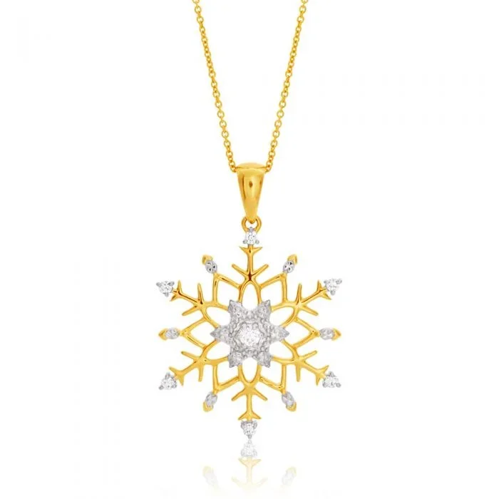 Flawless Cut Diamonds in 9ct Yellow Gold Snowflake Pendant With 45cm Chain Included