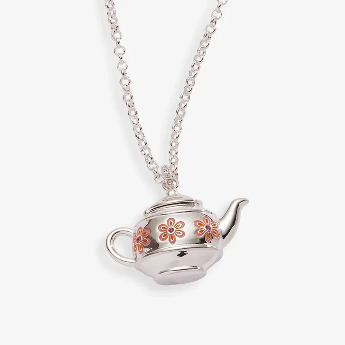 Floral Teapot Locket Pendant Necklace