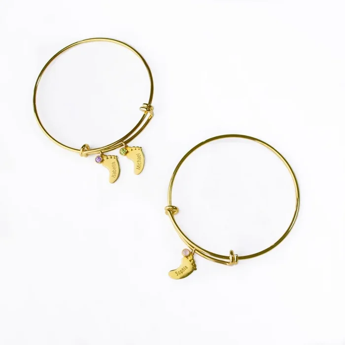 Footprint Charm Bangle with Engraved Kid’s Names and Birthstones