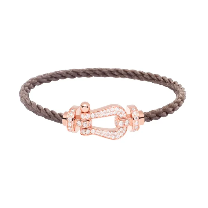 Fred Force 10 large model bracelet in rose gold, diamond-paved and taupe cable – Lepage