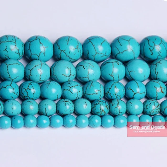 Free Shipping Smooth Natural Stone Blue Turquoises Round Loose Beads 15″ Strand 4 6 8 10 12 MM Pick Size For Jewelry Making BTB2