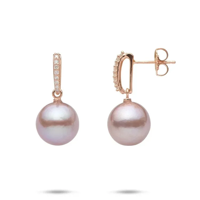 Freshwater Lilac Pearl Earrings in Rose Gold with Diamonds – 11-12mm