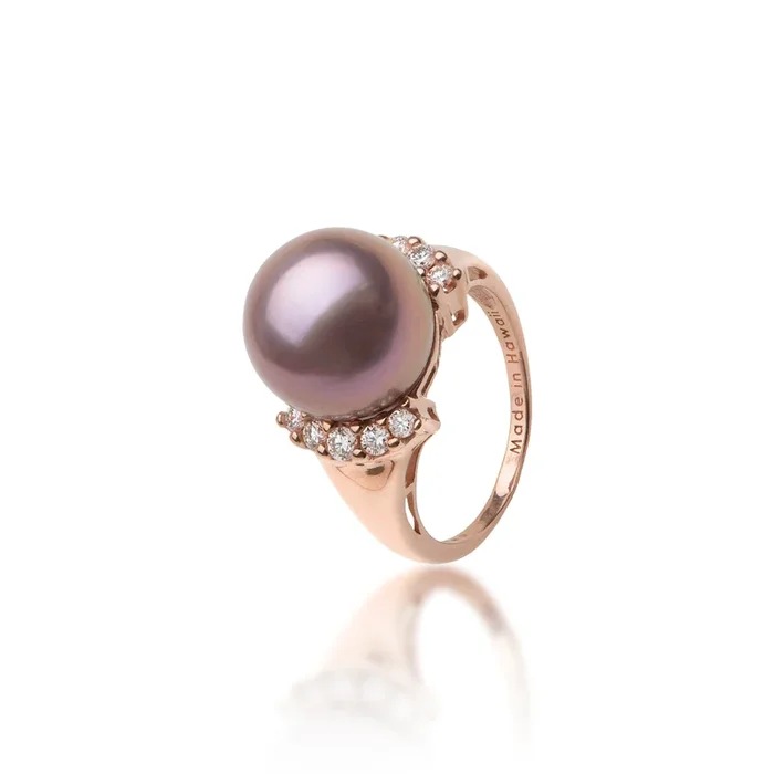 Freshwater Lilac Pearl Ring in Rose Gold with Diamonds – 12-13mm