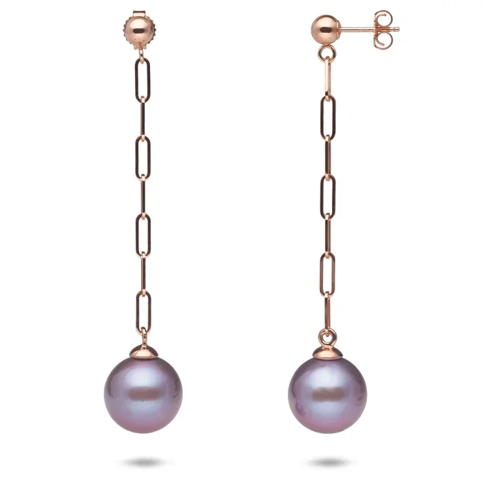 Freshwater Ultraviolet Pearl Paperclip Chain Earrings in Rose Gold – 10-11mm