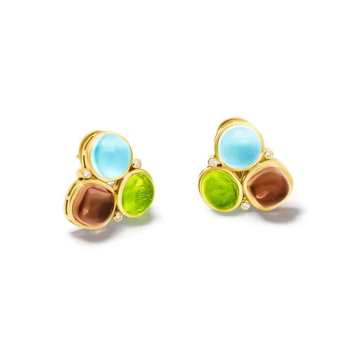 Fuscata Earrings 18ct Yellow Gold – Cabochon Peridot, Smoky Quartz, Blue Topaz & Diamond