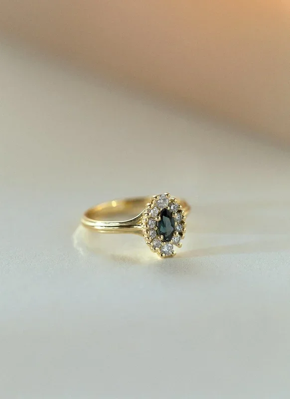 Galaxy marquise tourmaline diamond entourage ring 14k gold