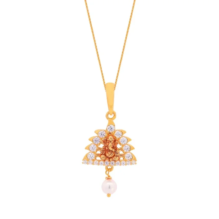 Ganesh Antique Pendant With CZ & Pearl in 22K Gold