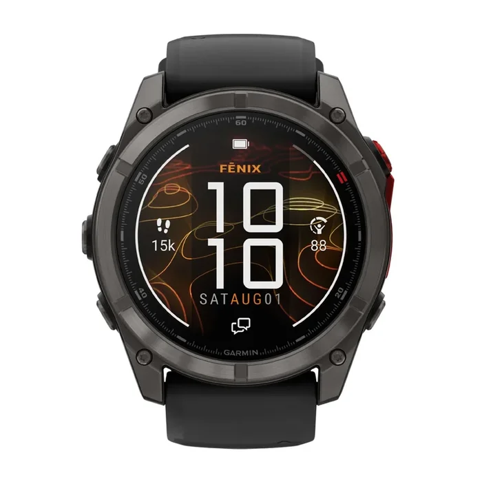 Garmin Fénix 8 Pro MicroLED Sapphire Titanium Carbon Gray DLC watch with black and gray strap, 51 mm – Lepage
