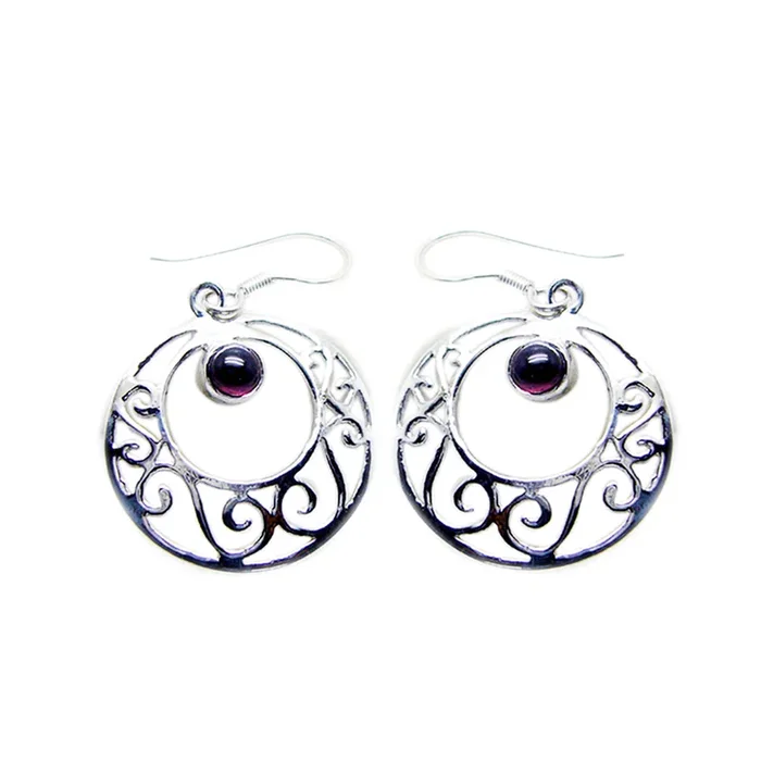 Garnet American Anna Solitaire Dangle Red Silver Earring
