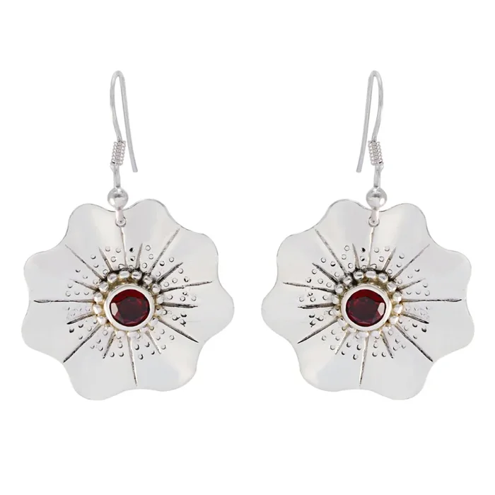 Garnet French Aisha Solitaire Dangle Red 925 Silver Earring