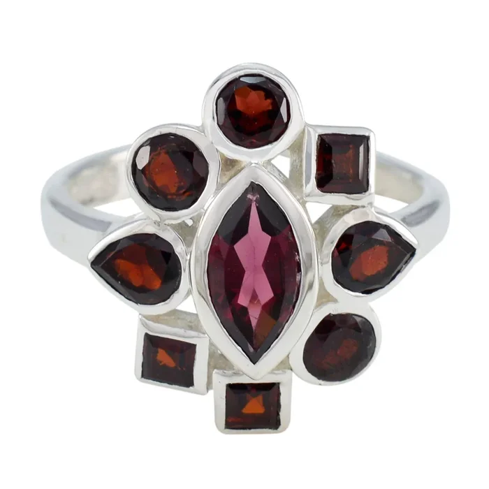 Garnet navratna Indian Silver Red Gemstone Eye-catching Modern Ring Jewelry