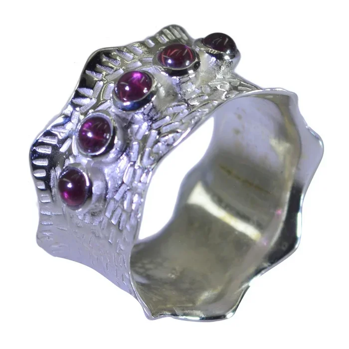 Garnet Penta Moroccan 925 Silver Red Gems Mid-weight Vintage Band Jewelry