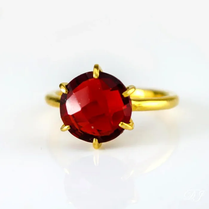 Garnet Quartz Round Prong Set Ring : January Birthstone
