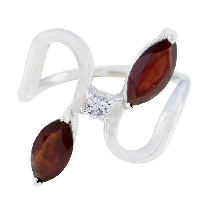 Garnet Trilogy French 92.5 Silver Red Gemstone Slim Abstract Ring Jewellery