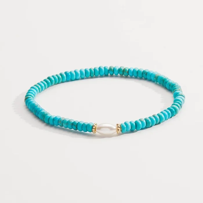 Genuine Turquoise Stone and Pearl Glass Stretch Bracelet