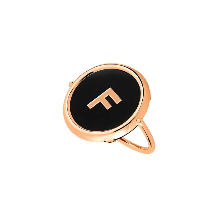 Ginette NY Initial F Disc Ring in rose gold and onyx – Lepage