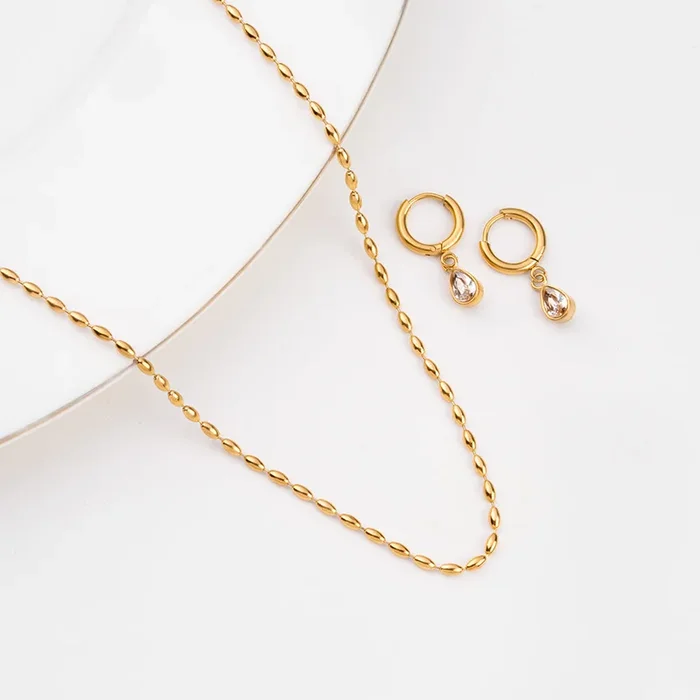 Gold Beaded Necklace & Solitaire Drop Hoop Earrings Combo Set