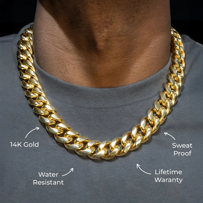 Gold Jewelry – Mens 14K Gold Chain Solid Miami Cuban Link