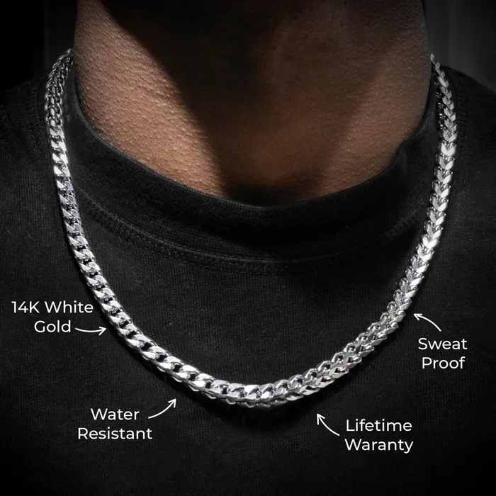 Gold Jewelry – Mens 14K White Gold Solid Franco Chain