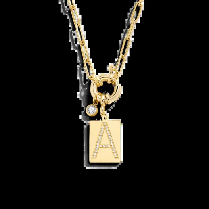Gold Pave Initial Pendant Necklace with Paperclip Chain