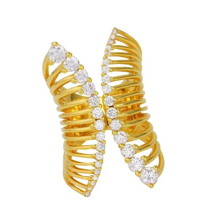 Gold Plated 925 Sterling Silver Adjustable Spiral Ring with Clear Journey CZ – STR01071GP