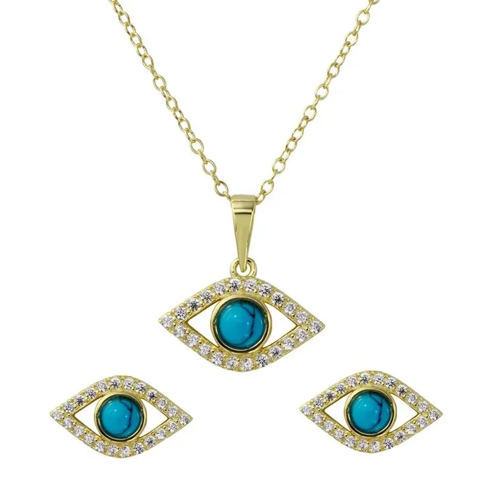 Gold Plated 925 Sterling Silver Evil Eye Set with Turquoise Bead and CZ – BGS00513