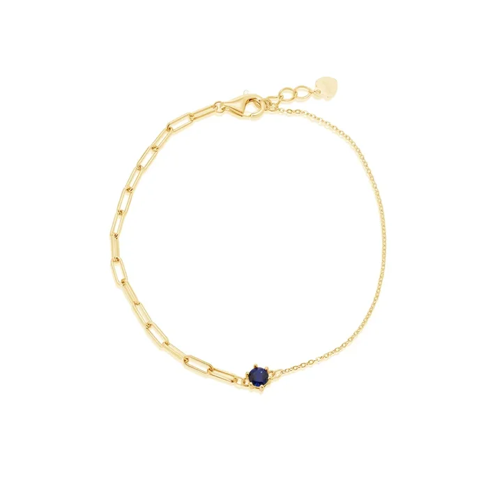 Gold Plated 925 Sterling Silver Half Paperclip and Half Rolo Round Sapphire Blue CZ Adjustable Bracelet – GMB00157GP