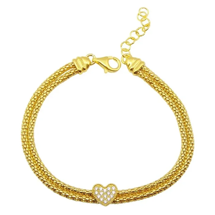 Gold Plated 925 Sterling Silver Heart and Double Chain Bracelet with CZ – ARB00016GP