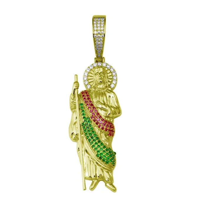 Gold Plated 925 Sterling Silver Multi Color CZ St Jude Hip Hop Pendant – SLP00342GP