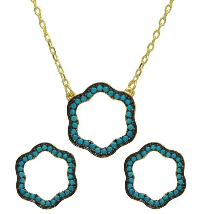 Gold Plated 925 Sterling Silver Open Clover Necklace with Turquoise Beads – BGS00517