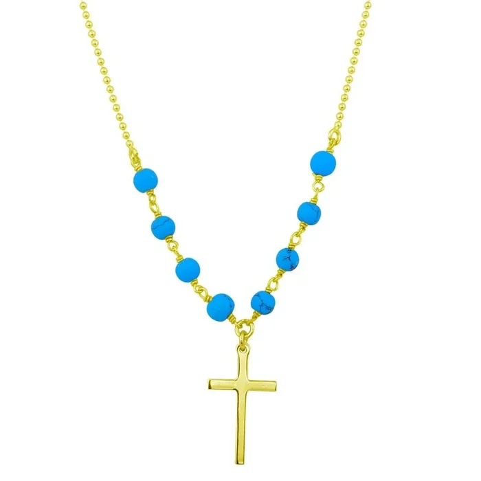 Gold Plated 925 Sterling Silver Small Cross Necklace with Turquoise Beads – DIN00089GP