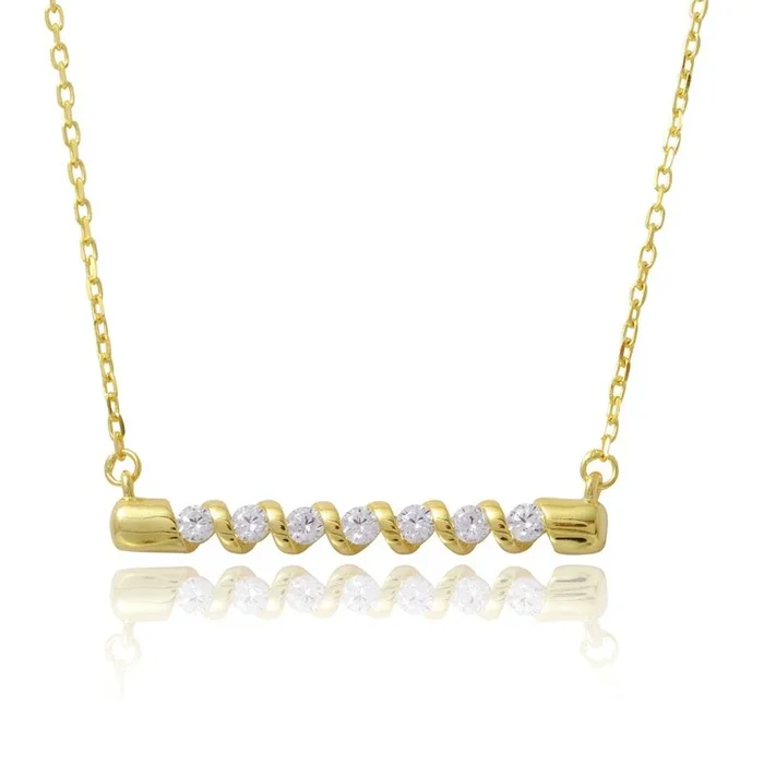 Gold Plated 925 Sterling Silver Twisted Bar Necklace with CZ – BGP01180GP