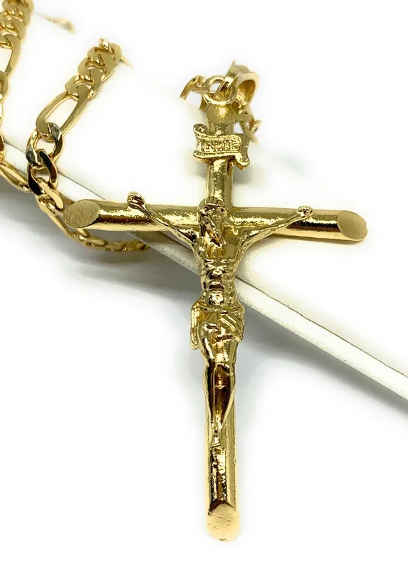 Gold Plated Classic INRI Cross Jesus Crucifix 24″ Chain Cruz Crucifijo (SM,MED,LG)