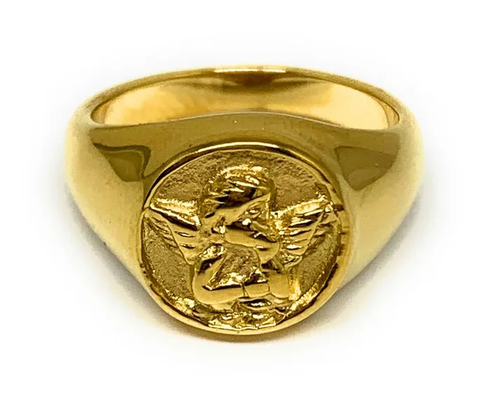 Gold Plated Classic Signet Angel Ring Anillo