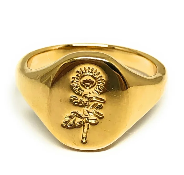 Gold Plated Classic Signet Sunflower Ring Anillo