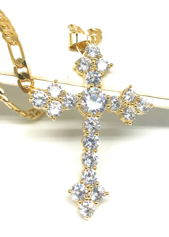 Gold Plated Cubic Zirconia Embroidered Cross 24” Necklace Cruz