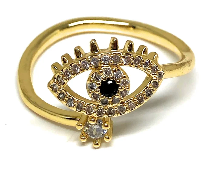 Gold Plated CZ Evil Eye Adjustable Ring Anillo