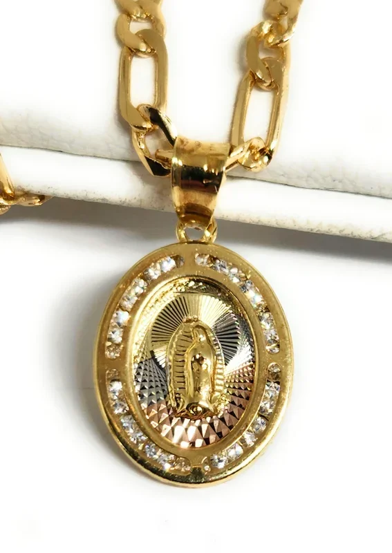 Gold Plated DAINTY Virgin Mary OVAL Pendant Necklace 18″ Virgen Guadalupe Medalla