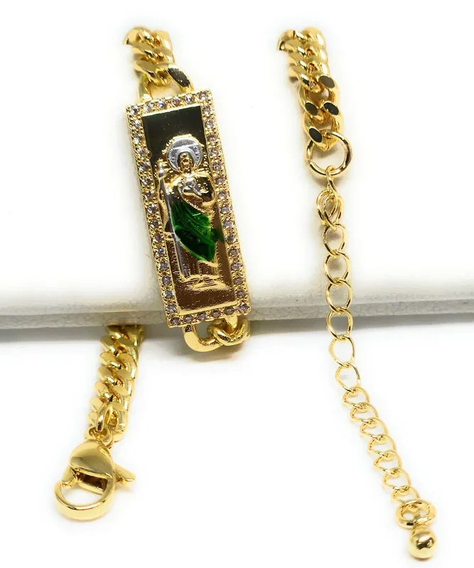 Gold Plated GREEN Saint Jude MIAMI CUBAN LINK Bracelet San Judas Esclava 7-8.5″ 4.5MM