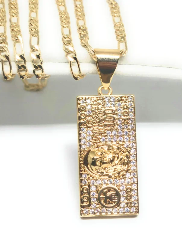 Gold Plated Iced Out CZ 100 DOLLAR BILL Pendant 24″ FIGARO Chain