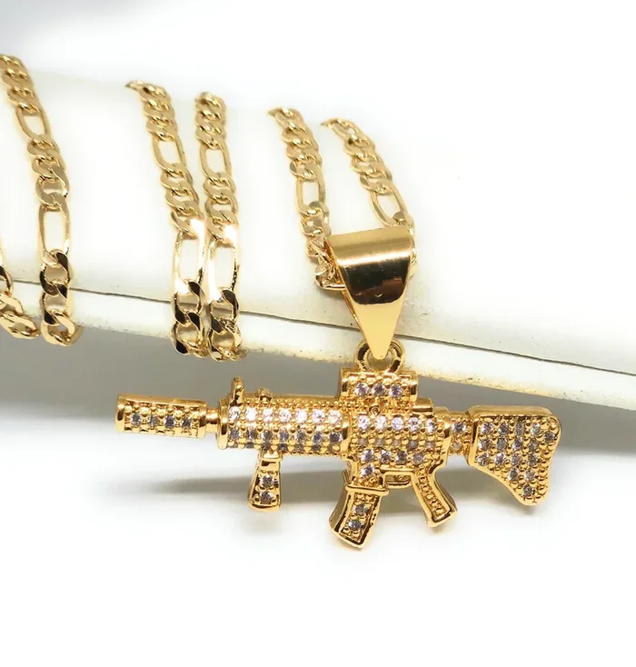 Gold Plated Iced Out CZ CUERNO DE CHIVO AK-47 MACHINE GUN MICRO PENDANT 24″ FIGARO Chain