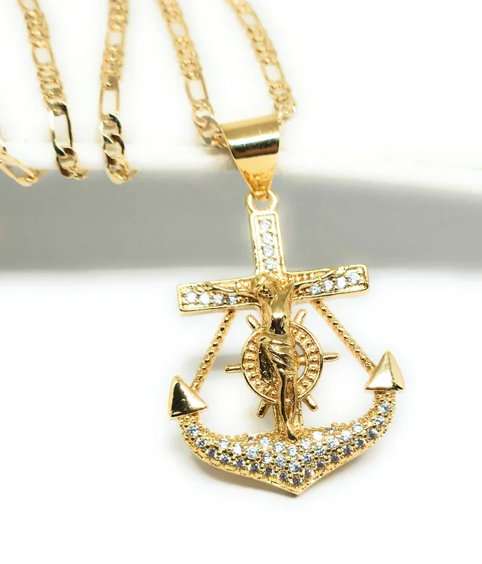 Gold Plated Iced Out CZ JESUS ANCHOR Pendant 24″ FIGARO Chain