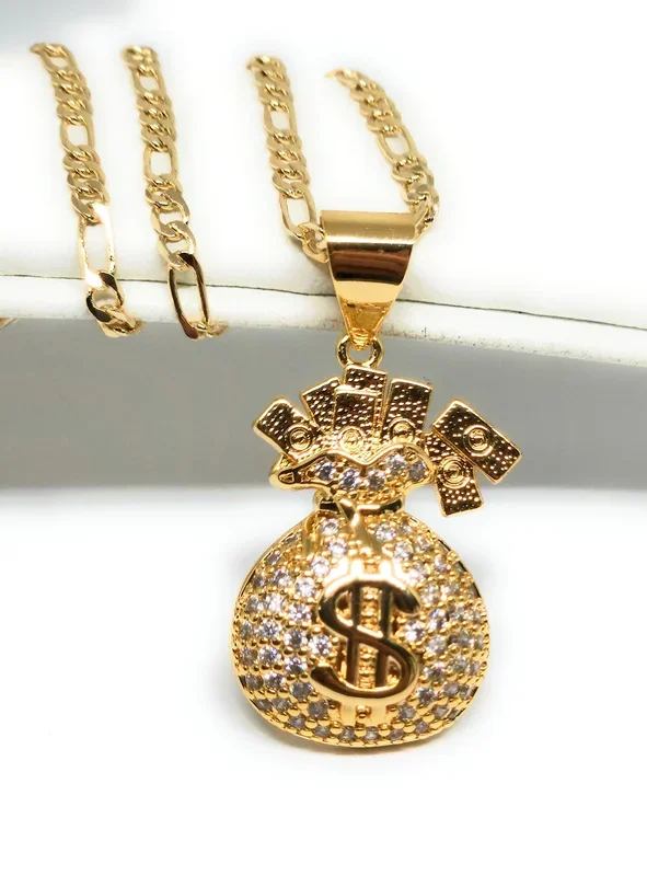 Gold Plated Iced Out CZ MONEY BAG BILLS Pendant 24″ FIGARO Chain