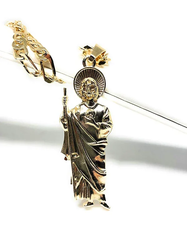 Gold Plated Saint Jude Pendant Necklace Figaro 26″ San Judas Tadeo Medalla Cadena Oro Laminado