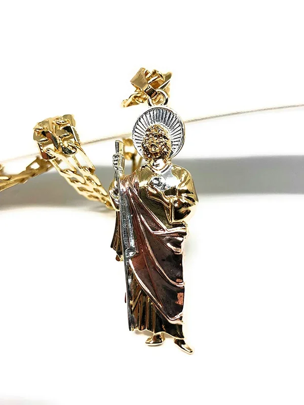 Gold Plated Saint Jude Pendant Necklace Figaro 26″ San Judas Tadeo Tres Colores Medalla Con Oro Laminado