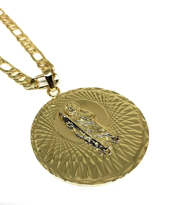 Gold Plated Saint Jude Pendant Necklace Figro 26″ San Judas Tadeo Medalla Oro Laminado Figaro