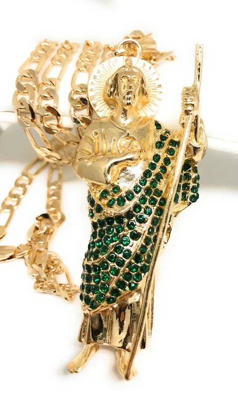 Gold Plated Saint Jude Pendant Necklace With Stones Figaro 26″ San Judas Tadeo Medalla