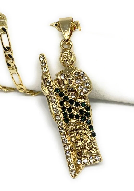 Gold Plated Saint Jude Pendant White & Green CZ Necklace Figaro San Judas Tadeo Medalla 24″ Figaro
