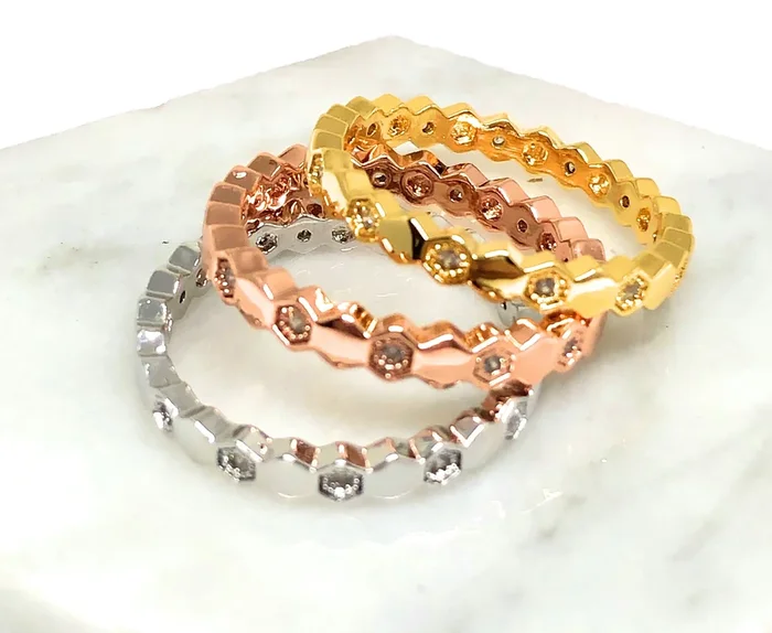 Gold Plated Stacked Tri-Color Three Ring Set Anillo
